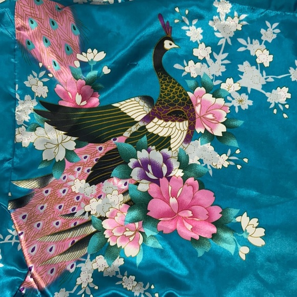 Zhong Sang 100% Satin Silky Kimono Duster Robe Open Front Floral Peacock Design - Picture 6 of 14